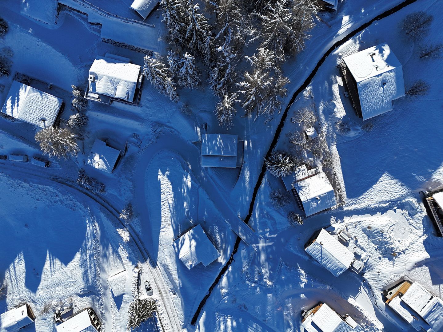 A snow-covered residential area with houses, trees, and a clear sky.