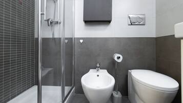 Shower, hair dryer, bidet, towels