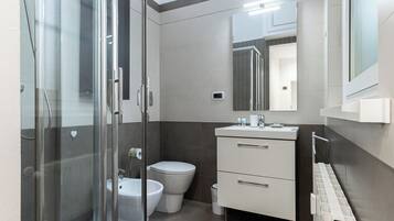 Shower, hair dryer, bidet, towels