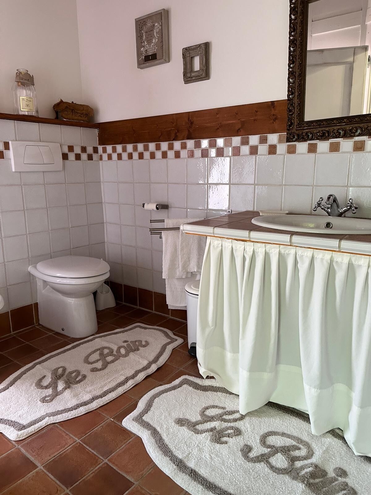 Une salle de bain avec des toilettes, un lavabo et un miroir. Il y a deux tapis sur le sol, chacun avec un motif textuel.