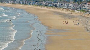 Una playa con casas a lo largo de la orilla, arena y olas.