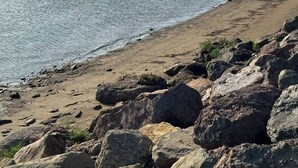 Rantaviivan läheinen ranta, jossa on suuria kiviä ja hiekkapohja.