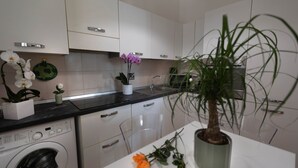 A modern kitchen with white cabinets, a black countertop, a built-in washing machine, and a potted plant. - Florence Oasis (Firenze)
