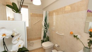 A bathroom with a shower, toilet, and a potted plant. - Florence Oasis (Firenze)