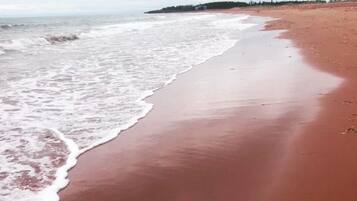 Ein Strand mit feuchtem Sand und Wellen.