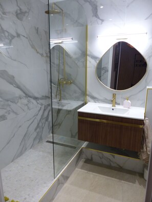 Douche, sèche-cheveux, serviettes fournies, papier toilette