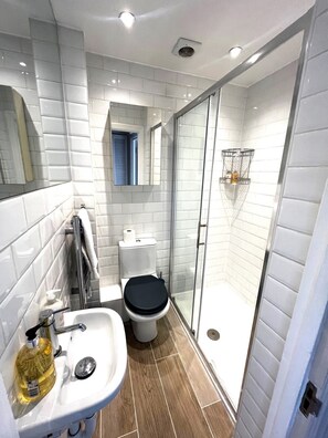 Hair dryer, towels, soap, toilet paper