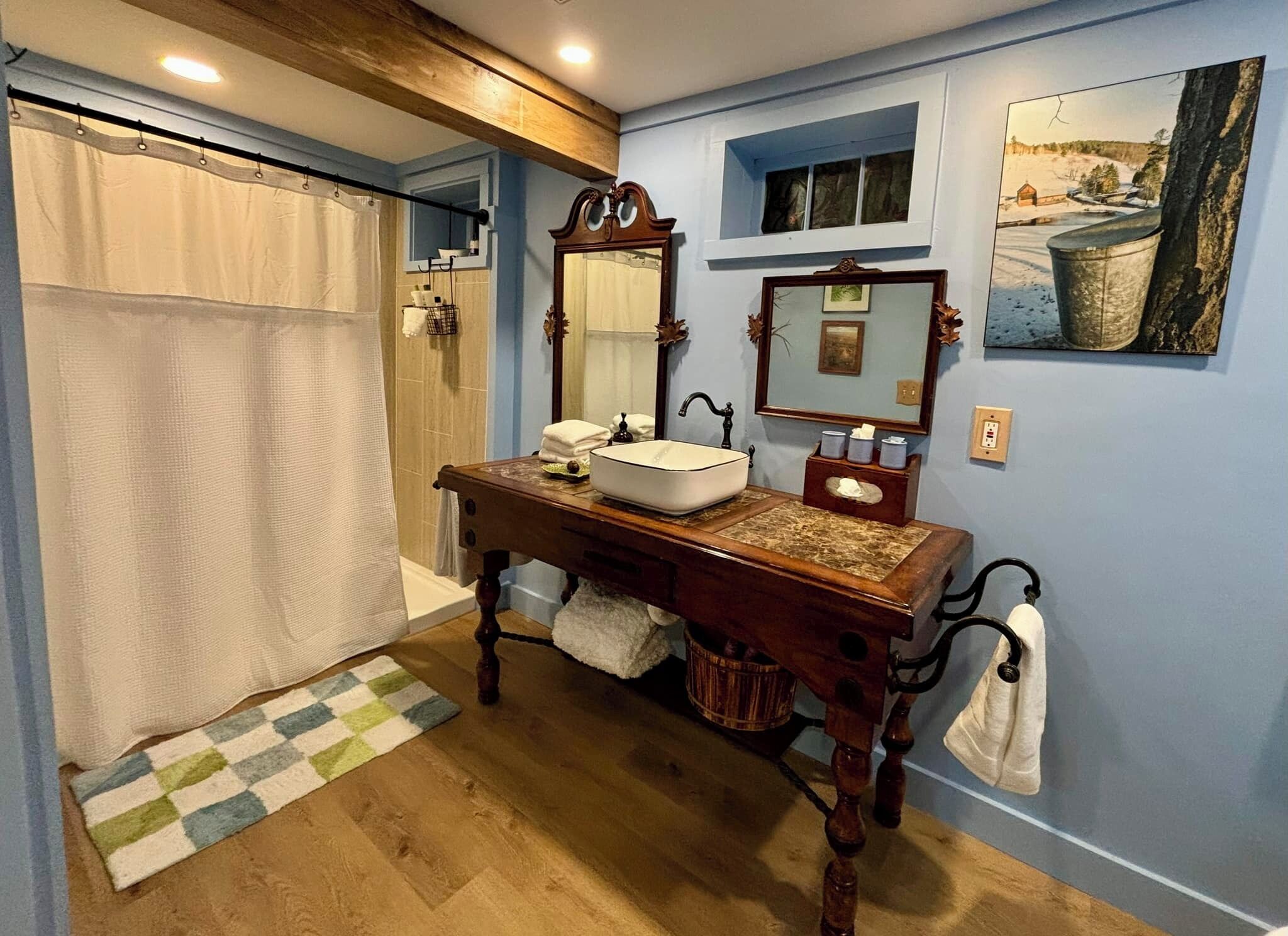 Hair dryer, towels, soap, toilet paper