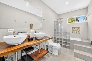 Shower, hair dryer, bidet, towels
