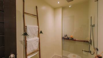 Shower, towels, soap, shampoo