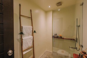 Shower, towels, soap, shampoo