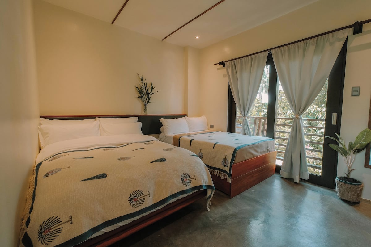 Une chambre d’hôtel avec deux lits, une plante en pot et une vue dégagée sur l’extérieur grâce à de grandes fenêtres.