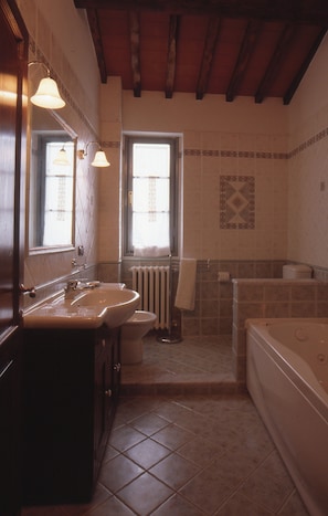 Shower, jetted tub, hair dryer, bidet