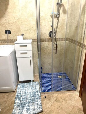 Shower, hair dryer, bidet, towels