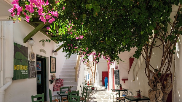 Un café al aire libre con suelo de piedra, sillas verdes y rojas, y flores rosadas.