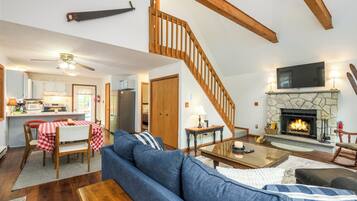 Smart TV, fireplace, books