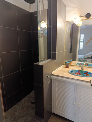 Shower, hair dryer, towels