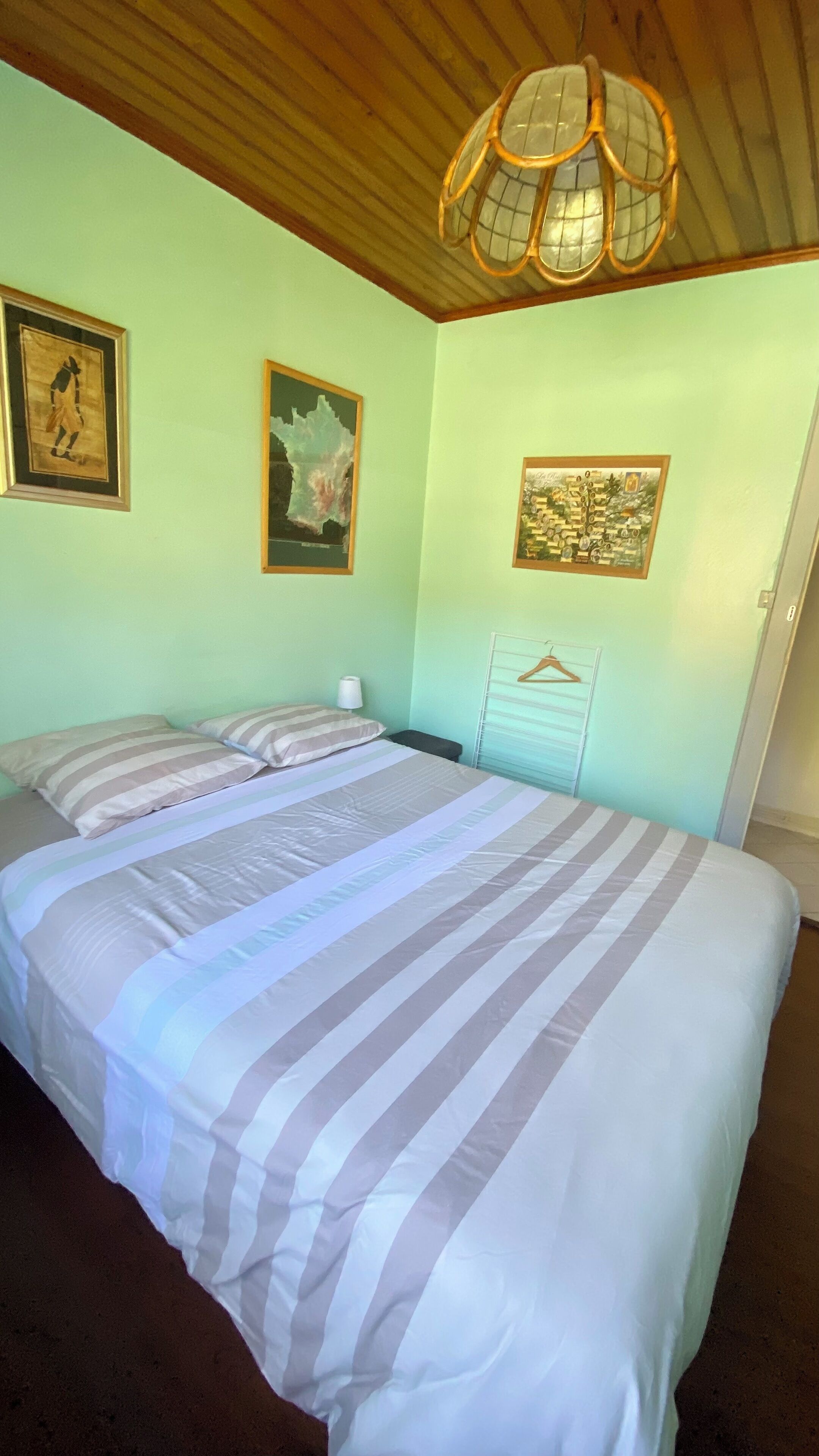 Un dormitorio con una cama, una lámpara colgante y tres cuadros en la pared.