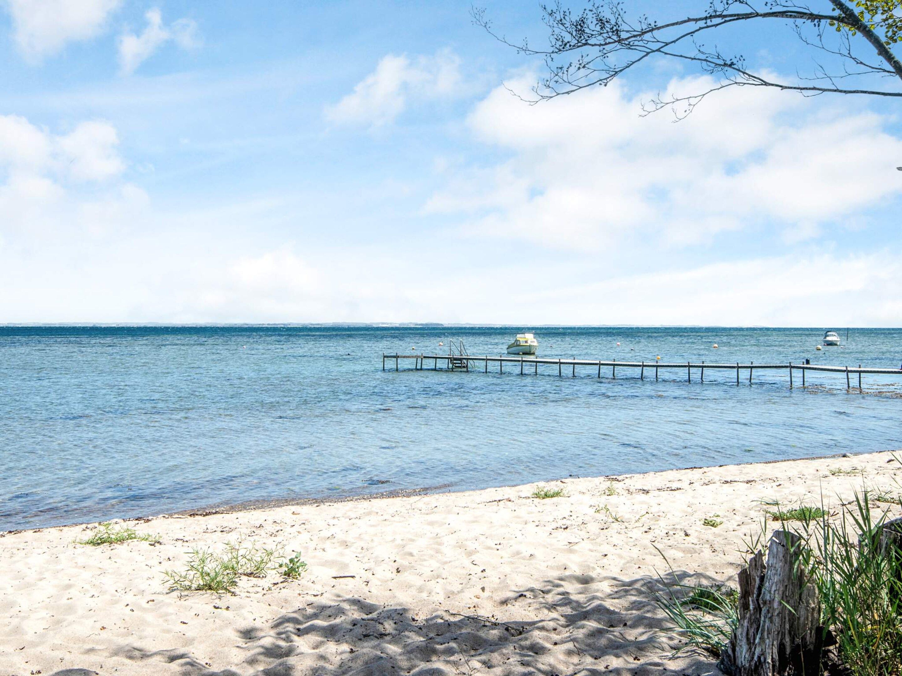 A beach with a wooden pier extending into calm waters, a sandy shore, and a clear sky.