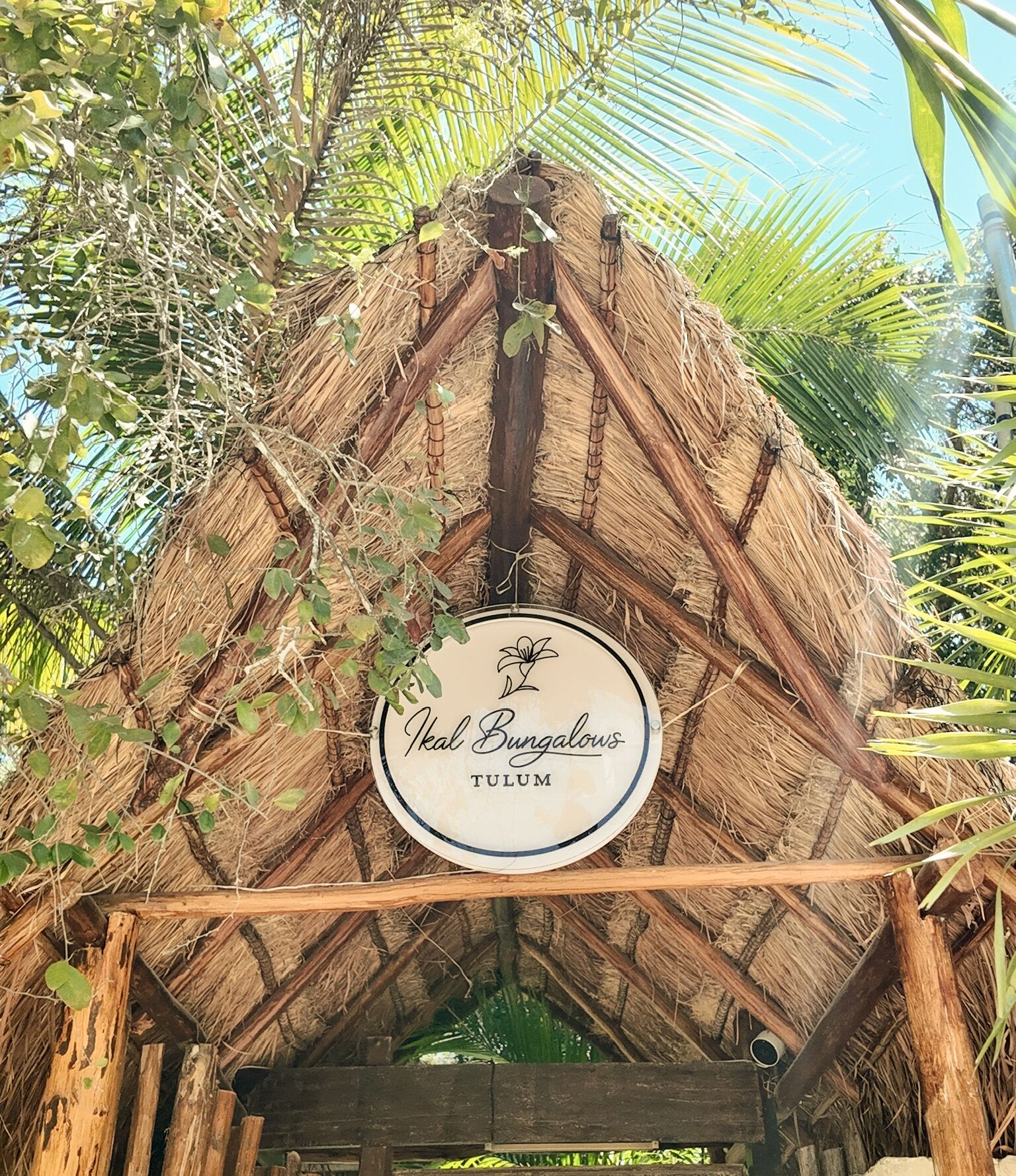 A thatched roof structure with a sign reading 'Ikal Bungalows TULUM.'