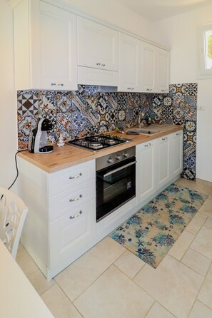 Fridge, oven, stovetop, coffee/tea maker