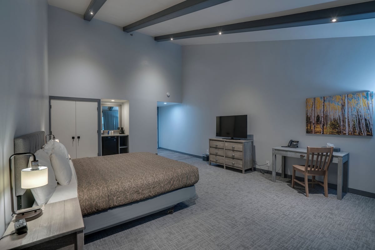 A modern bedroom with a bed, desk, TV, and artwork.