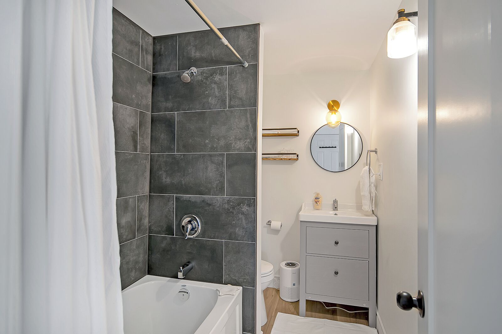 Hair dryer, towels, soap, shampoo