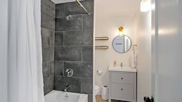 Hair dryer, towels, soap, shampoo