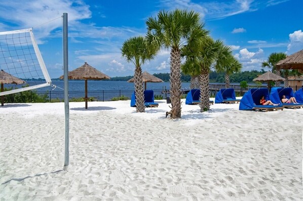 Una playa con una red de voleibol, palmeras y sillas de descanso azules.