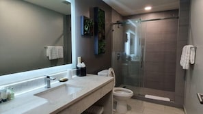 Shower, hair dryer, towels, soap