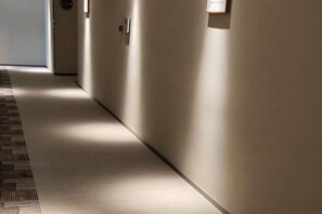 Een gang met vloerbedekking met een patroon, een lichtgekleurde muur en een deur aan het einde.