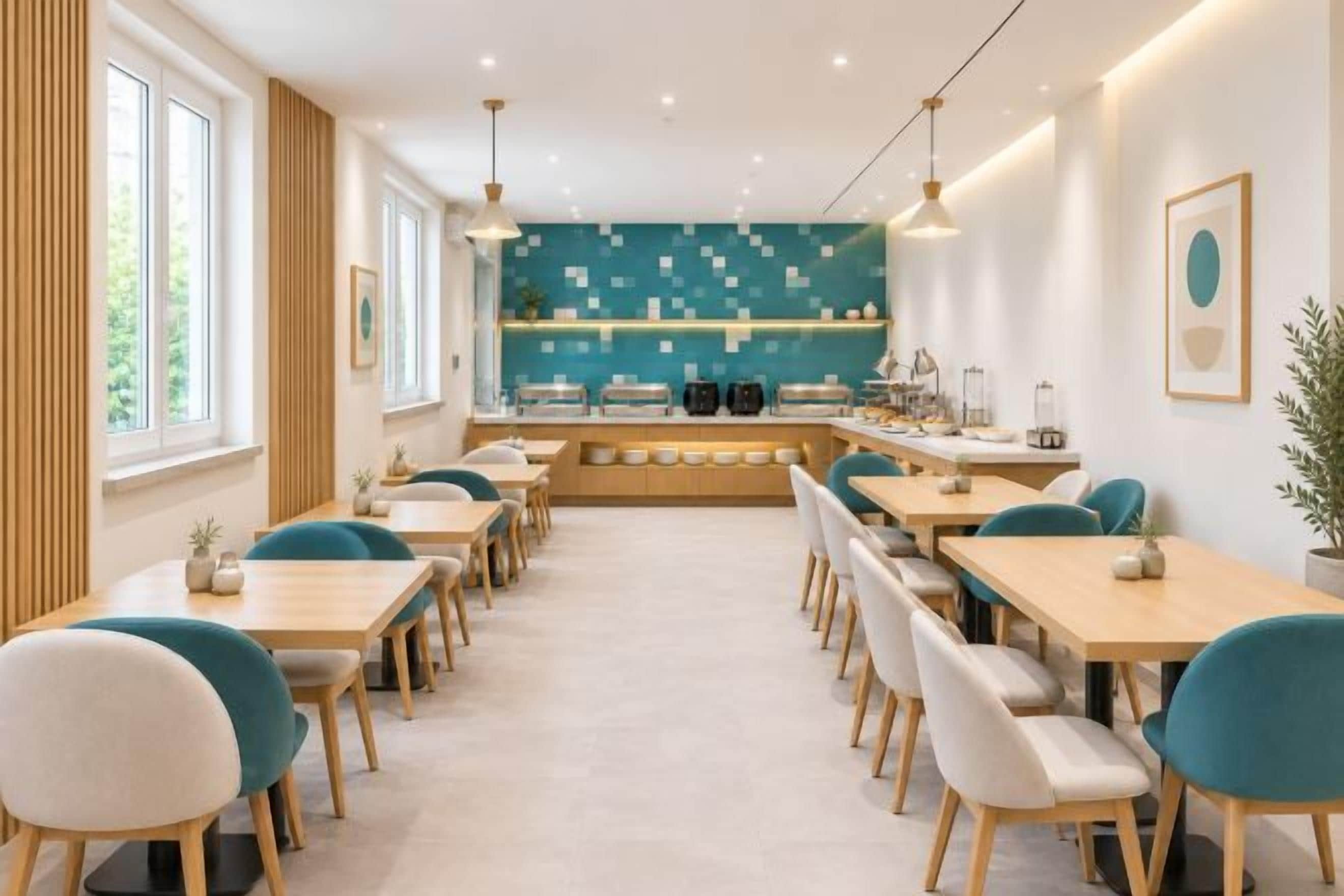 A modern dining area with multiple tables and chairs, a kitchen in the background, and large windows allowing natural light.