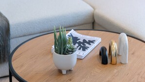A round wooden table with a potted succulent, a book, and two decorative objects.