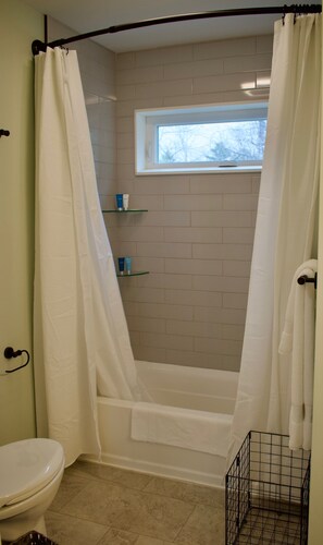 Hair dryer, towels, soap, shampoo
