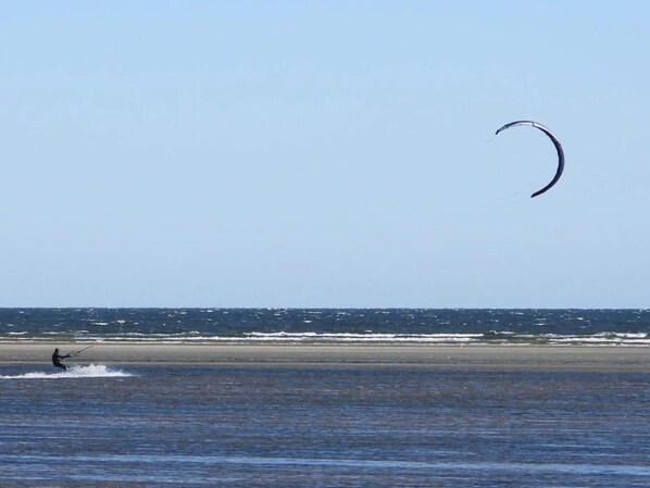 A beach with a person windsurfing and a kite in the sky.