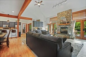 Smart TV, fireplace, books