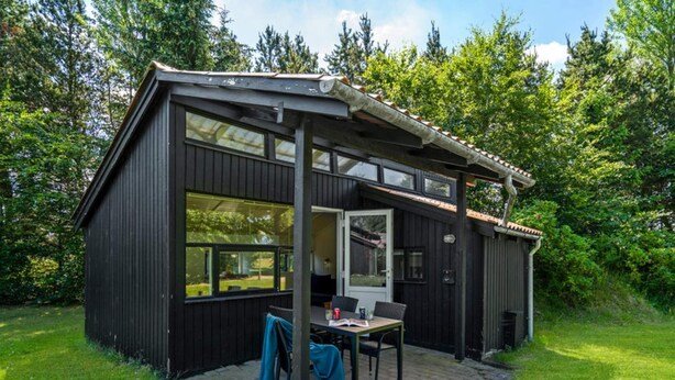 A small, dark wooden cabin with a patio area, large windows, and a door leading inside.