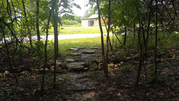 A forested area with a stone path leading to a building. - Deer Creek @B Berry Farms (Elkland)