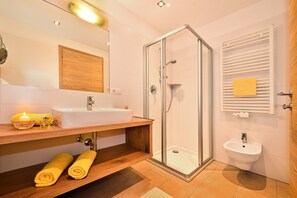 Shower, hair dryer, towels