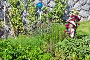 Un jardín con diversas plantas y un globo azul decorativo.