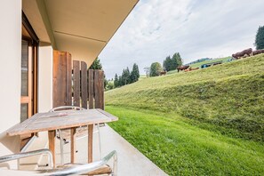 Outdoor dining - Studio Apartment '3 - Le Rodhodendron' with Mountain View, Shared Garden and Wi-Fi (Cohennoz)