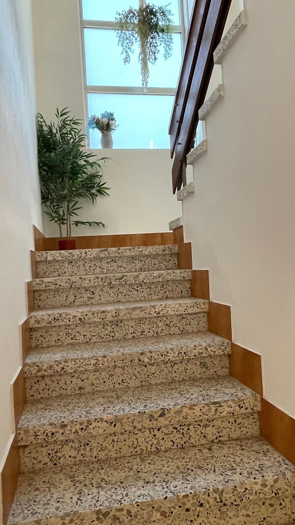 Un escalier avec un revêtement de sol en terrazzo, une plante en pot et une fenêtre donnant sur un beau paysage.
