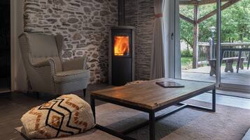 Télévision, cheminée, lecteur de DVD, chaßne hi-fi