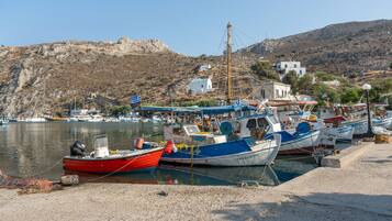 A harbor with boats docked, a rocky hillside, and buildings in the background.
