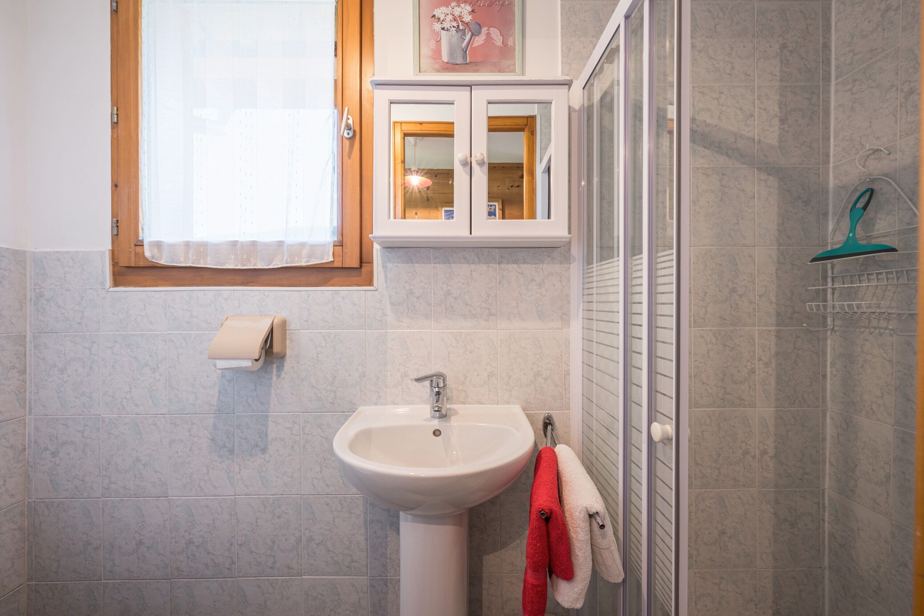 A bathroom with a sink, a mirror, a towel rack with towels, a shower area, and a cabinet above the sink.