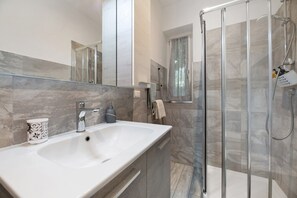 A modern bathroom with a large sink, a glass shower enclosure, and a mirror.