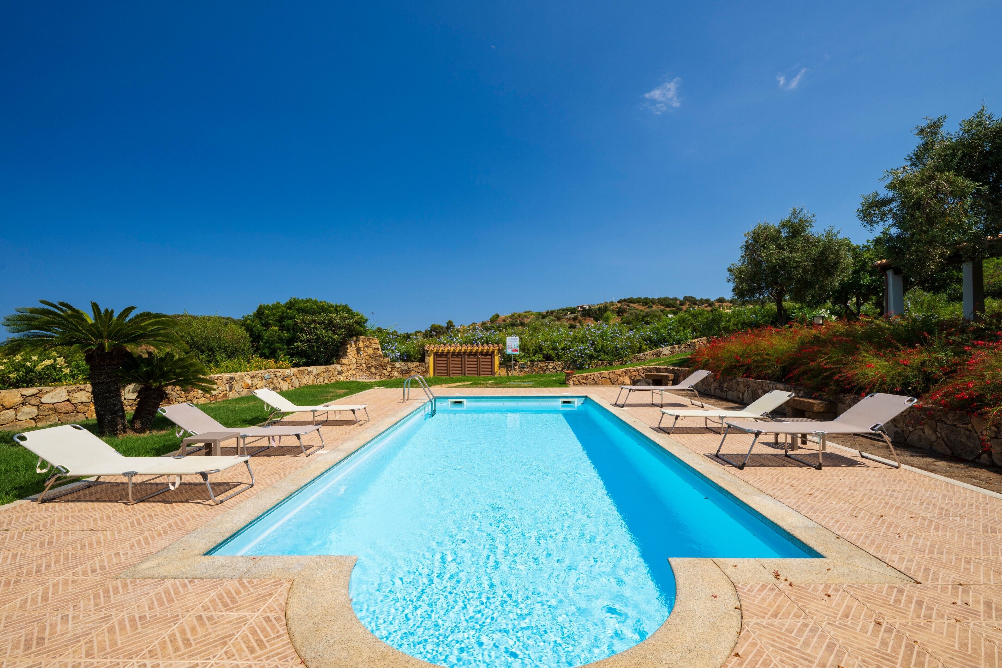 Ein rechteckiger Pool mit klarem, blauem Wasser, umgeben von Liegestühlen und einer Steinmauer.