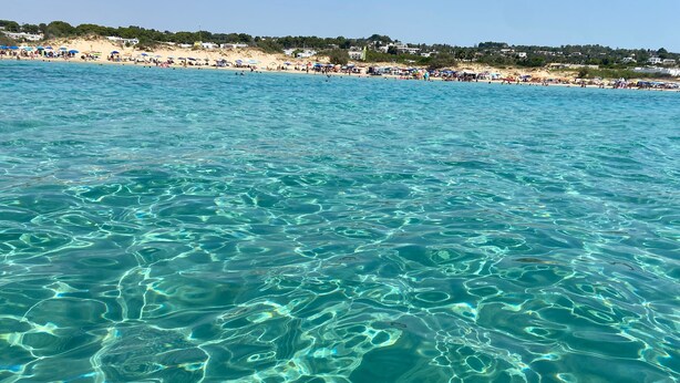 Helder turquoise water met zichtbare rimpelingen en een strand op de achtergrond.