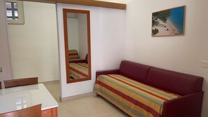 A compact room with a bed, a sofa, a dining table, and a mirror.
