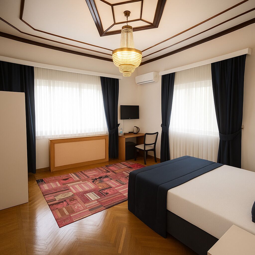 Deluxe Double Room, Courtyard View | Free minibar items, in-room safe, laptop workspace, blackout drapes